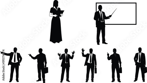 Business professionals silhouette, office presentation teamwork leadership gestures flat vector