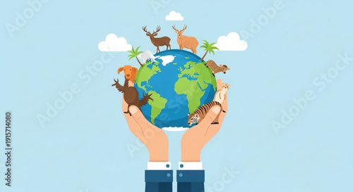 Hands holding earth with animals and plants on top symbolizing conservation and eco friendly living