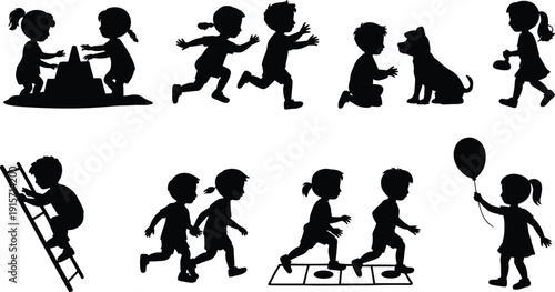 Children activity silhouette icon set, playful illustration, vector graphic, outdoor fun symbol, flat vector