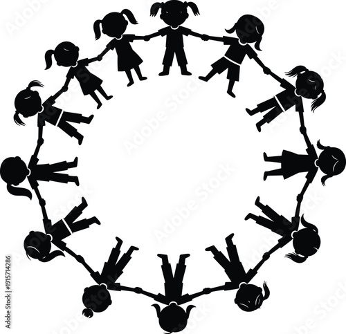 Children holding hands circle silhouette illustration unity friendship play flat vector