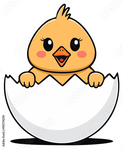 Adorable cartoon chick hatching from a white egg, celebrating new life and springtime