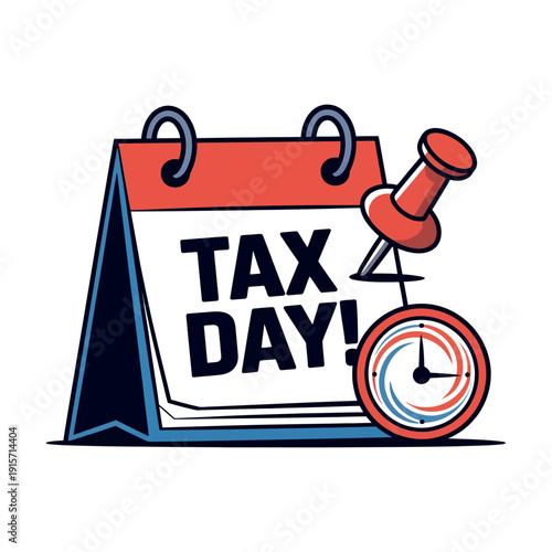 A cartoon calendar with a pin and clock marking tax day deadline