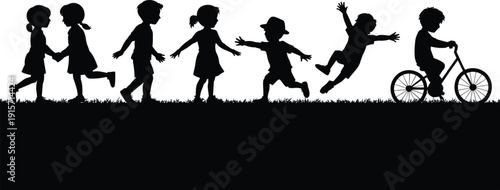 Children outdoor play silhouette icon set, activity illustration, vector graphic, fun motion symbol, flat vector