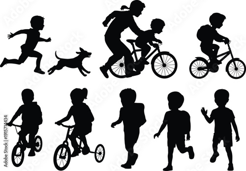 Children outdoor play silhouette icon set, cycling activity illustration, vector graphic, fun symbol, flat vector