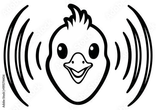 Cute Cartoon Chick Head with Sound Waves Black and White Outline