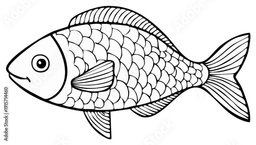 Simple Line Drawing of a Fish with Detailed Scales and Fins