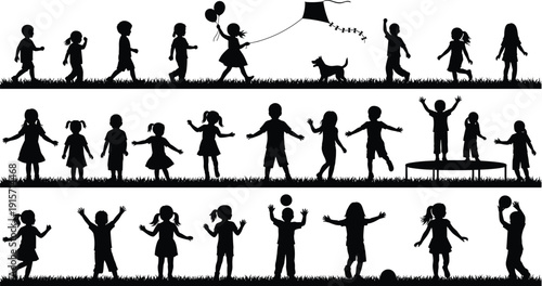 Children outdoor play silhouettes, joyful activities balloons kite dog trampoline flat vector