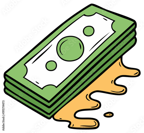 Cartoon stack of cash melting into liquid gold, symbolizing financial loss or devaluation