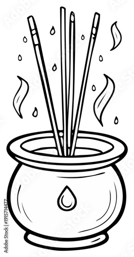 Burning incense sticks in a decorative pot with smoke and drips