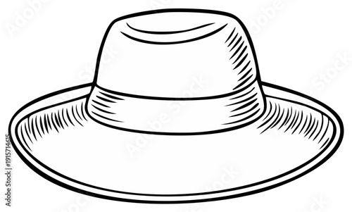 Ink drawing of a wide brimmed hat accessory, vintage style, fashion item, headwear
