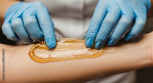 Sugar paste sugaring hair removal applied on woman arm by beautician hands in blue gloves. Body care and beauty spa salon procedure.