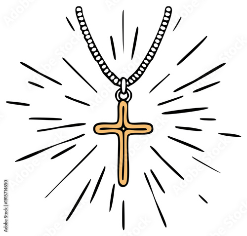 Golden cross pendant necklace with radiating lines spiritual symbol of faith and hope