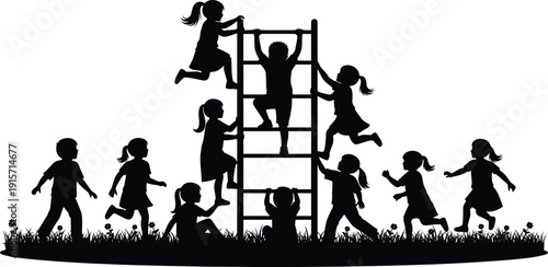 Children playground silhouette illustration climbing running outdoor play activity flat vector