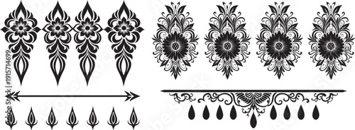 Decorative black ornamental floral elements, borders, and arrow motifs for design and tattoos