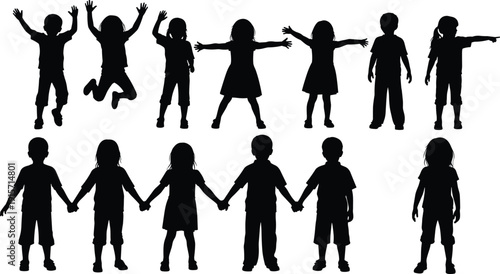 Children playing together silhouette illustration unity friendship joy activity flat vector