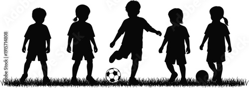 Children playing soccer silhouette illustration outdoor sport activity teamwork flat vector