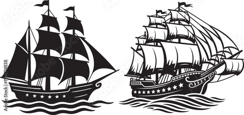 Black Silhouette of Two Vintage Sailing Ships Navigating Wavy Seas, Maritime Adventure Vector Illustration