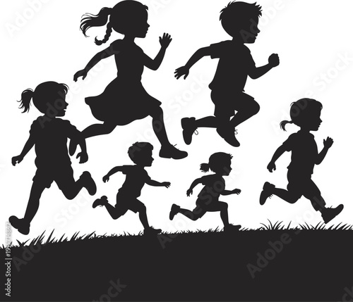 Children running silhouette icon set, outdoor play illustration, vector graphic, fun activity symbol, flat vector