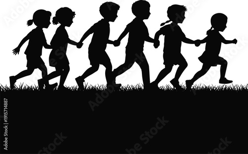 Children running silhouette icon set, outdoor play illustration, vector graphic, fun activity symbol, flat vector