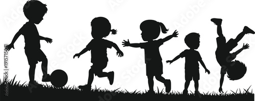 Children silhouettes playing outdoors soccer running dancing cartwheel fun, flat vector