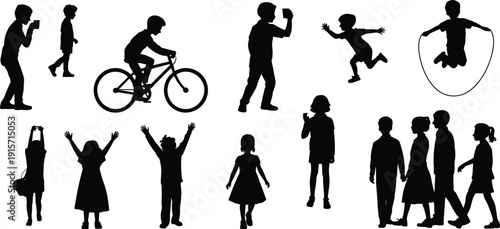 Children silhouettes playing outdoors, biking skipping jumping flat vector illustration