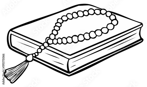 Book and prayer beads illustration, religious drawing