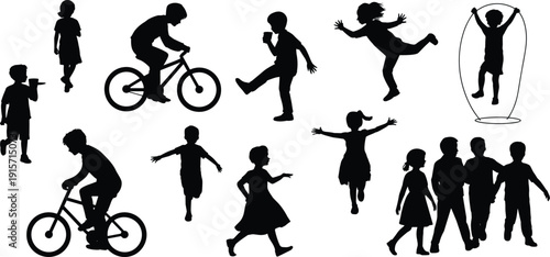 Children silhouettes playing outdoors, biking skipping running flat vector illustration