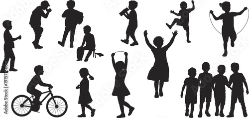 Children silhouettes playing outdoors, biking skipping walking flat vector illustration
