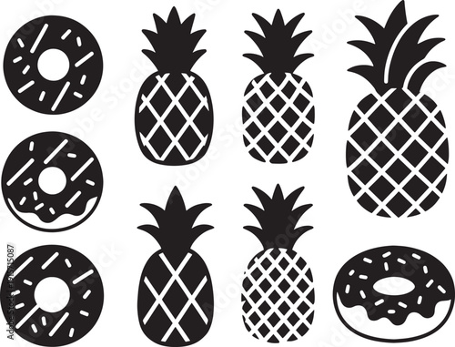 Donuts and Pineapples in Black and White, Fun Food Collection Vector Illustration