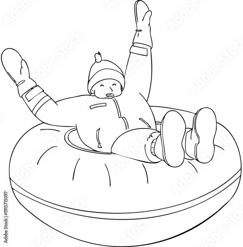 Boy is sledding down a hill. Vector illustration. Black and white illustration.