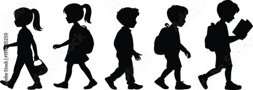 Children walking with bags books silhouette flat vector illustration design