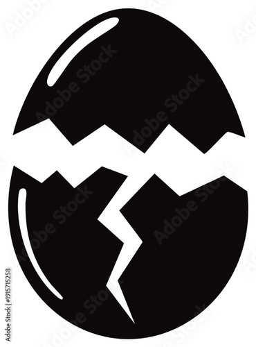 Black cracked egg silhouette with sharp zig zag fractures indicating breakage