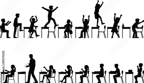 Classroom activity silhouette icon set, school education illustration, vector graphic, student teacher symbol, flat vector