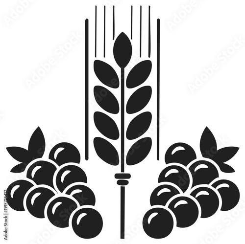 Stylized Vector Icon of Wheat Stalk and Grapes Symbolizing Agriculture and Harvest