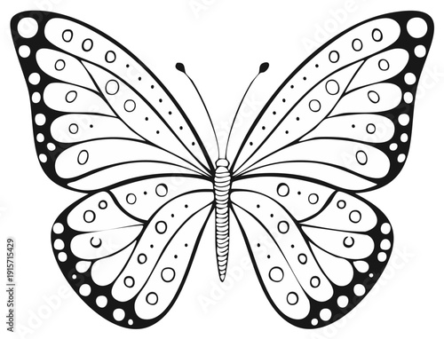 Line Art Butterfly with Dot and Circle Pattern Wings on White Background
