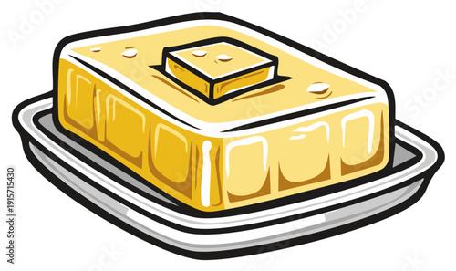 Cartoon illustration of a butter dish with a pat of butter, healthy food concept