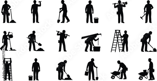 Construction workers silhouette illustration building labor tools industry activity flat vector