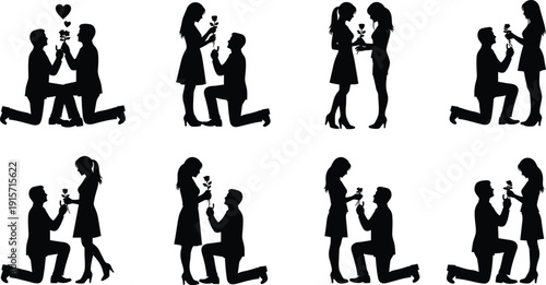 Couple romantic proposal silhouette, kneeling flower gift love gesture flat vector