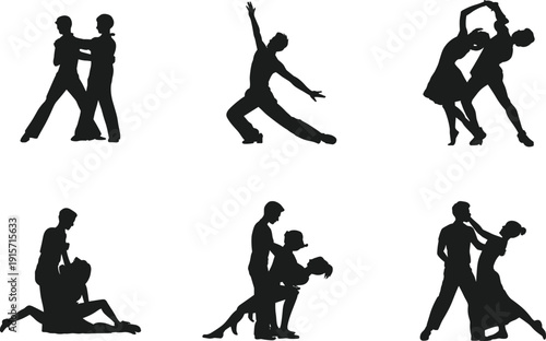 Couples and solo dancers expressive poses silhouette flat vector illustration design