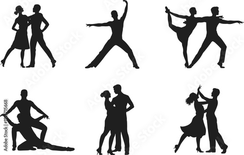 Couples dancing different styles poses silhouette flat vector illustration design
