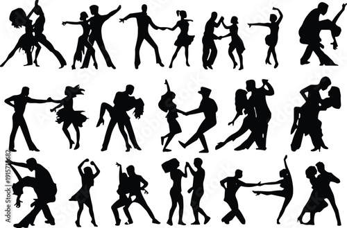 Couples dancing various styles silhouette flat vector illustration design
