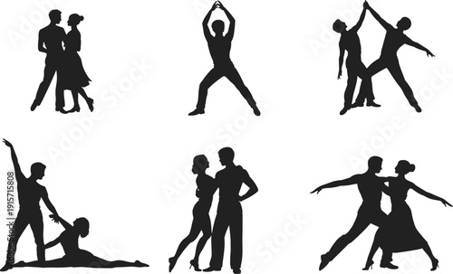 Dancers performing expressive movements silhouette flat vector illustration design