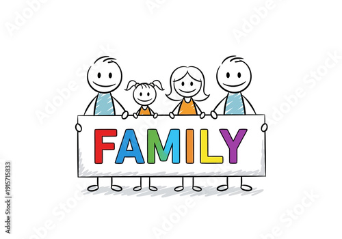 A colorful doodle illustration depicts a family of four holding a sign reading family high quality