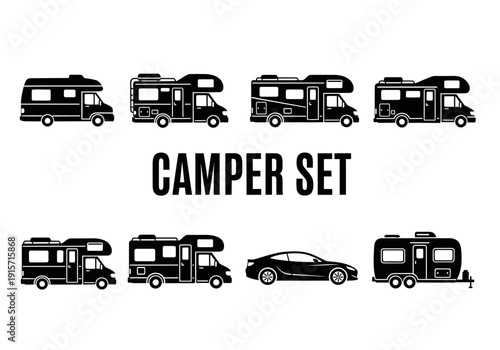A collection of black silhouette icons depicting various campers trailers and a car high quality professional