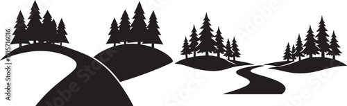 Black and white vector illustration of a scenic landscape with winding roads and evergreen trees on rolling hills.