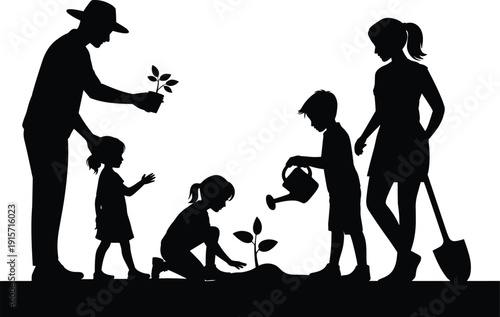 Family gardening silhouette icon set, outdoor activity illustration, vector graphic, teamwork nature symbol, flat vector