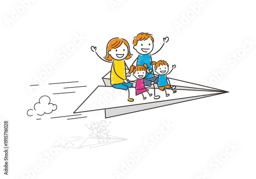 A family of four joyfully flies on a paper airplane symbolizing togetherness and adventure high quality