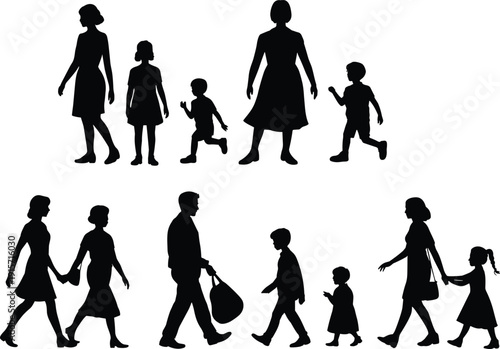 Family group silhouette icon set, people activity illustration, vector graphic, social relation symbol, flat vector