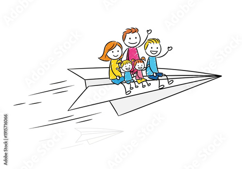 A family of five cheerfully travels on a paper airplane symbolizing dreams and togetherness high quality