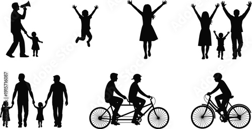 Family recreation silhouette illustration cycling joyful activity unity outdoor flat vector